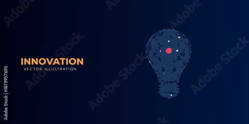 A dark blue background showcases a glowing lightbulb formed from particles