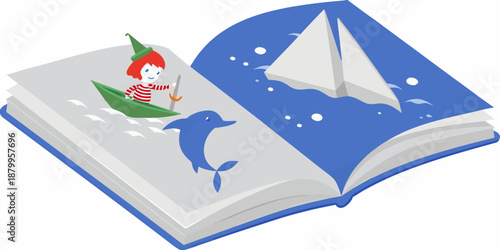 A whimsical open book illustration featuring a boat child and dolphin