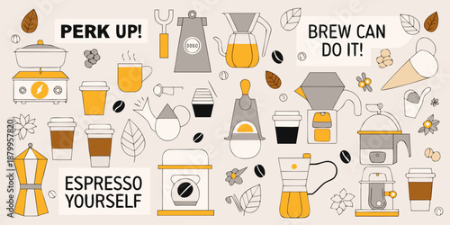 Coffee brewing methods and accessories illustrated in a playful colorful design