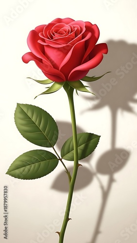 A single red rose with green leaves on a white background