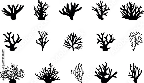 Black Silhouette Coral Branch Icons on White Background