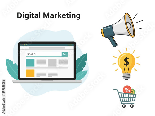 Digital Marketing Strategy Laptop Search Bar Megaphone Lightbulb Idea with Dollar Sign and Shopping Cart Representing Online Business Growth and Promotion