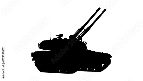 Silhouette of a military tank with dual cannons on white background