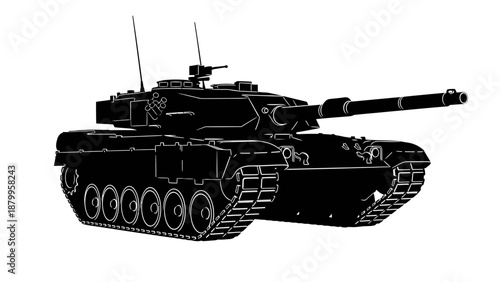 Modern military tank with long barrel and antennas on white