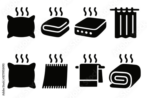 Brutalist Home Icons. Breathable home items silhouette set: pillow, bedsheet, mattress, curtain, sofa cushion, rug, towel, blanket.