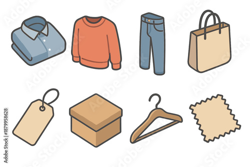 Fashion Icon Set. Fashion Display flat icons: folded shirt, sweatshirt, jeans, tote bag, tag, box, hanger, fabric swatch
