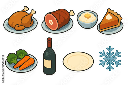 Winter Feast Icons. Winter Celebration Meal flat icons: turkey platter, ham, mashed potatoes, pie slice, vegetables, wine bottle, plate, snowflake