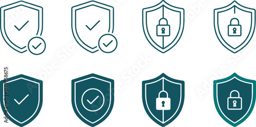 Shield security icons set with check mark and padlock concepts