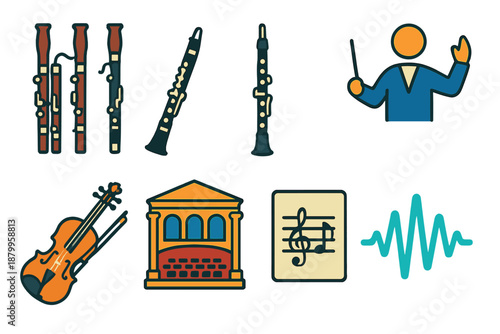 Orchestral Instrument Icons. Orchestral Bassoon set icons in flat icons: bassoon section, clarinet, oboe, conductor, violin, grand hall, sheet music, sound wave