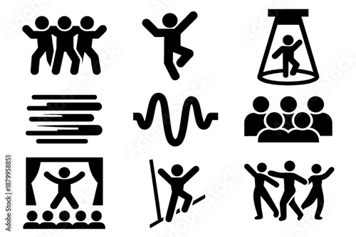 Brutalist Dance Icons. Dance Ensemble silhouette set: group of dancers, synchronized pose, stage spotlight, motion lines, rhythm wave, audience, performance icon, graceful