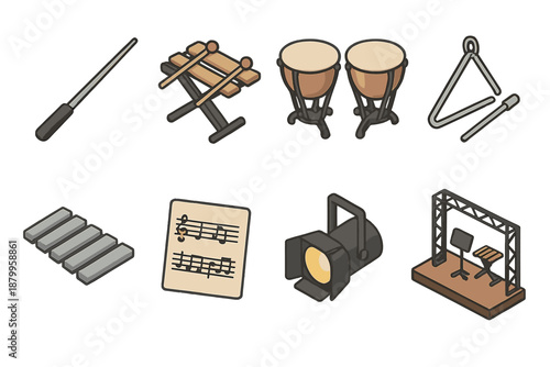 Orchestral Instrument Icons. Orchestral Xylophone flat icons: conductor baton, percussion section, timpani, triangle, xylophone keys, score sheet, spotlight, stage setup