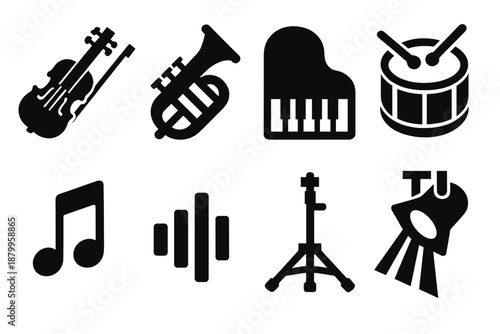 Bold Instrument Icons. Instrument Solo silhouette set: violin, trumpet, piano, drum, music note, sound wave, instrument stand, focused light