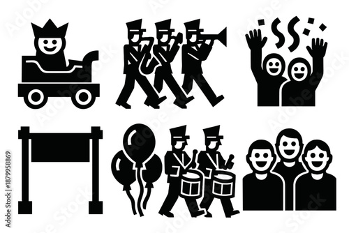Brutalist Parade Icons. Parade Turnout silhouette set: parade float, marching band, waving crowd, confetti stream, street banner, balloons, drumline, smiling spectators