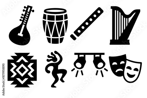 Brutalist Music Icons. Cultural Melody silhouette set: sitar, drum, flute, harp, tribal pattern, dancing figure, stage lights, music mask