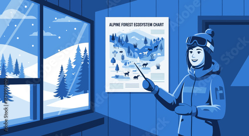 Woman in winter clothing pointing outside.