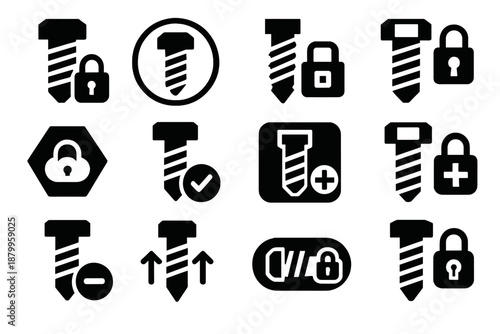 Brutalist Lock Icons. Thread Lock UI silhouette set: minimal bolt with lock icon, fastener symbol in circle, screw with digital padlock, threaded bolt with app toggle, nut with