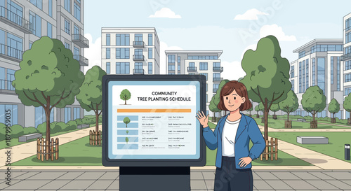 Woman pointing at information display board.