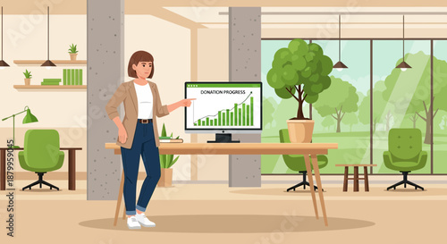 Woman presenting business data on screen.