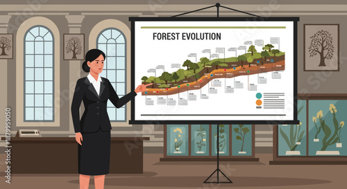 Woman presenting forest evolution diagram.