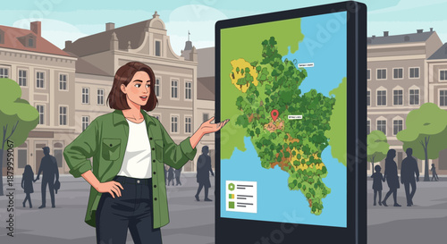 Woman presenting on digital map screen.