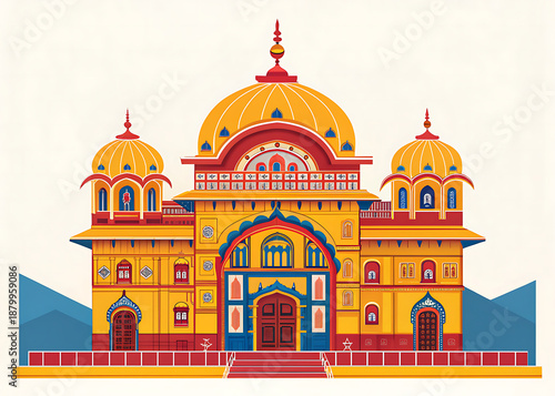 Badrinath Temple facade, minimal vector design, bright sacred colors