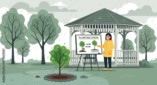 Woman presenting on an easel outdoors.