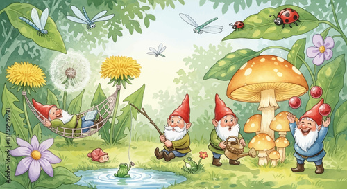 Gnomes in garden with mushrooms flowers.