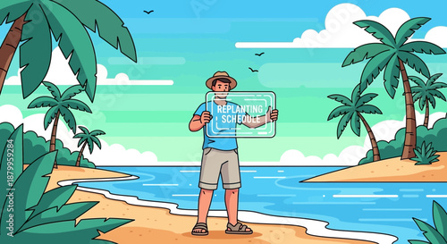 Man holding a map on beach.