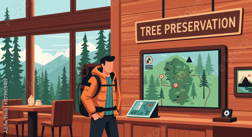 Man looking at tree preservation poster.