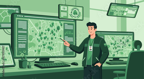 Man pointing at computer screen map.