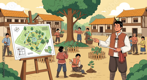 Man presenting green map on easel.