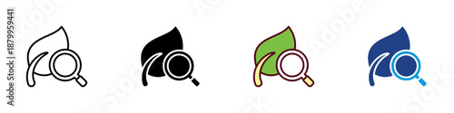 Plant Analysis Multiple Style Icon Design Vector - Leaf with magnifying glass, representing plant inspection, health monitoring, and growth evaluation