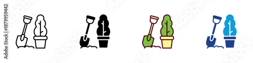 Landscaping Multiple Style Icon Design Vector - Shovel and potted plant, representing garden design, outdoor maintenance, and land preparation