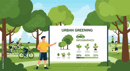 Man pointing at urban greening poster.