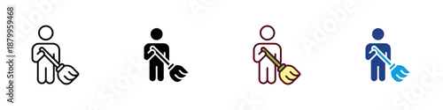 Brooming Multiple Style Icon Design Vector - Person holding a broom, representing cleaning, garden upkeep, and routine maintenance