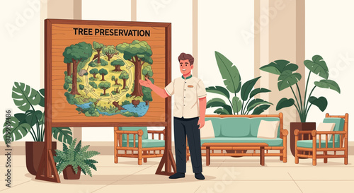 Man standing next to large poster.