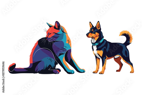 Modern Colorful Cat and Dog Pet Stylized Illustration