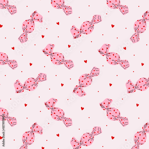 Chocolate candy seamless pattern with hearts. Valentine's day candies design, childish repeatable print for wrapping paper, party invitation, background. Vector texture