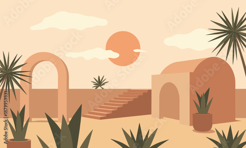Desert Oasis Courtyard with Arches and Palm Trees vector