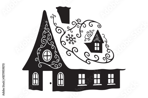 Whimsical Winter House Silhouette with Decorative Swirls
