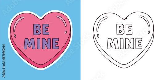 Be Mine text on pink heart sticker and coloring page vector illustration for Valentine's day