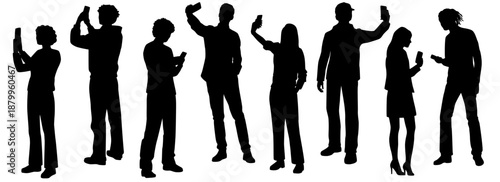 Collection of images of standing business people with smartphones, silhouettes of men and women, vector, hands up, profile, black color, isolated on white background.