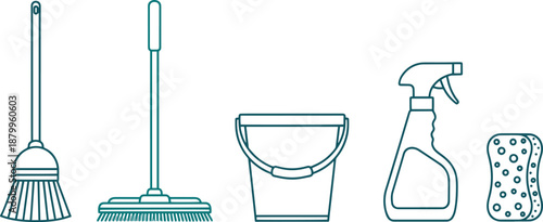 Cleaning supplies set vector outline icons on transparent background