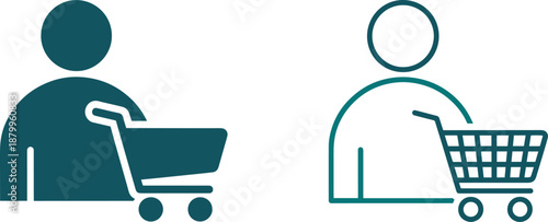Two shopping icons showing person pushing cart solid and outline styles