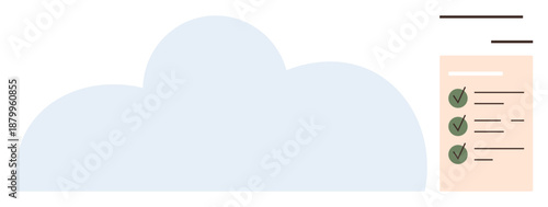 Cloud storage, task tracking, data backup, productivity, digital organization, project management. Large blue cloud with a checklist on the side. Cloud storage and task tracking concept