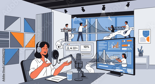 Woman working on computer with microphone.