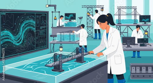 Woman working on a model bridge.