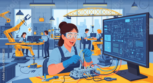 Woman working on electronics assembly line.