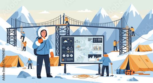 Businessman in snowy mountain landscape presentation.