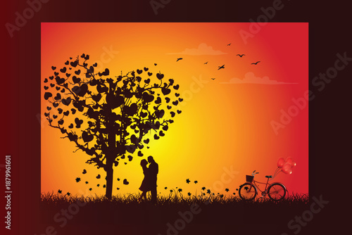 Happy Valentine's Day silhouette of an autumn tree with leaves falling background design